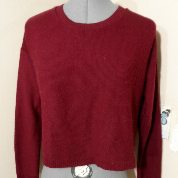 FOREVER21 Sweater Top S Burgundy crochet Crop Ribbed knit Crew neck Fall Basics - Picture 1 of 6